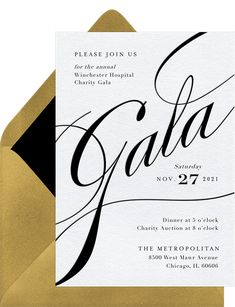 an elegant black and gold wedding card with the word gaia in cursive font