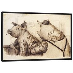 Ink And Oink II by Mike Koubou arrives ready to hang, with hanging accessories included and no additional framing required. Every canvas print is hand-crafted in the USA, made on-demand at iCanvas, and expertly stretched around 100% North American Pine wood stretcher bars. Mike Koubou, Pig Wall Art, Vintage Inspired Wall Decor, Decoration For Living Room, Art Ink, Styl Vintage, Canvas Print Wall, Print Wall, Classic Art