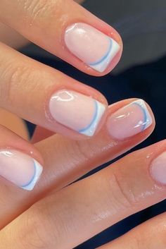 Blue And White Biab Nails, French Nail Designs On Short Nails, Cute Short Gel Nails French Tip, Short French Blue Nails, White French Tip Nails With Color Line, Short French Tip Summer Nails, Short Gel Nails For Summer, Double French Short Nails, Powder Blue French Tips