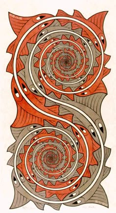 an abstract drawing with red and grey circles in the center, surrounded by smaller circular shapes