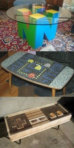 the table is made out of different pieces of wood and has a mosaic design on it