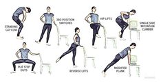 a man doing different stretches on a chair with the instructions to sit down and stand up