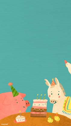 two pigs are sitting at a table with a birthday cake and one pig is standing next to it