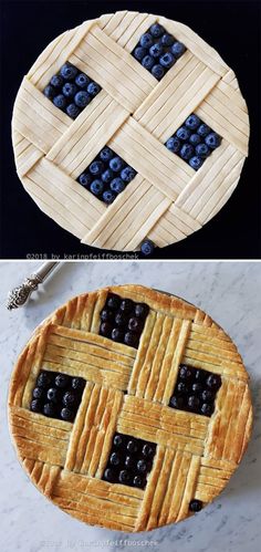 the pie has blueberries on it and is ready to be cut into pieces for decoration