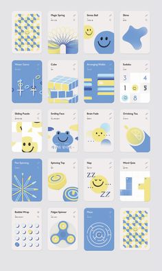 a bunch of cards that have different designs on them, all in blue and yellow