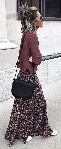 women's maroon sweater Rok Tile, Rok Outfit, Look Boho Chic, Skirt Diy, Boho Mode, Estilo Hippie, Winter Fashion Coats, Maxi Skirt Outfits