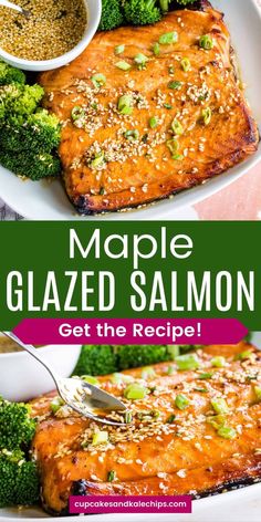 the recipe for maple glazed salmon is shown on a plate with broccoli and seasoning