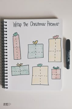 a notebook with christmas presents drawn on it