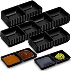 six black trays with different sauces and condiments in each one on the bottom