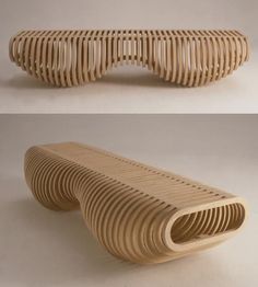 two images of a bench made out of wood strips and plywood planks, one showing the curved section