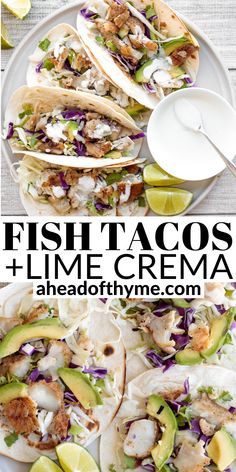 fish tacos and lime crema with avocado