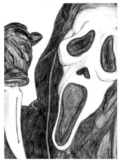 a black and white drawing of a person with a mask holding a knife in their hand