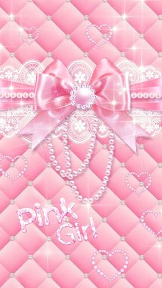 a pink wallpaper with hearts and a bow on the top, in front of a diamond