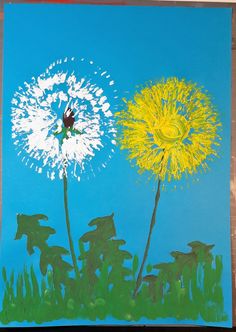 a painting of two dandelions on a blue background