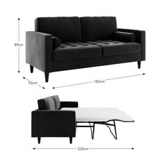 a couch and table are shown with measurements