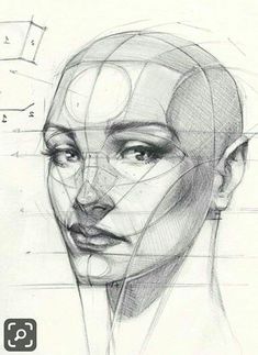 a drawing of a woman's face with lines and shapes around her head,