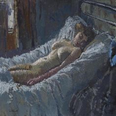 a painting of a woman laying in bed