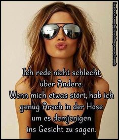 a woman wearing sunglasses making a funny face with her tongue out and the caption in german