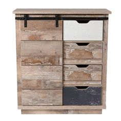 an old wooden cabinet with drawers and metal handles