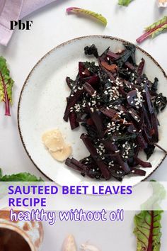 a plate of sauteed red beet leaves and stems with text "sauteed beet leaves recipe, healthy without oil"