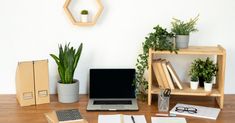 a laptop computer sitting on top of a wooden desk next to books and plant pots