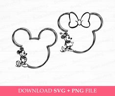 mickey and minnie mouse heads with bows in black and white, on a pink background