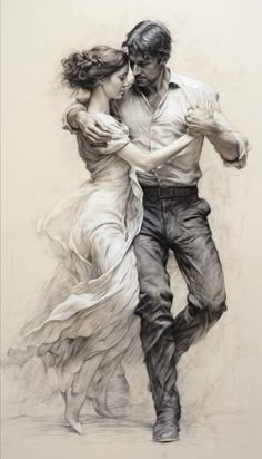 a drawing of a man and woman dancing with their arms around each other's shoulders