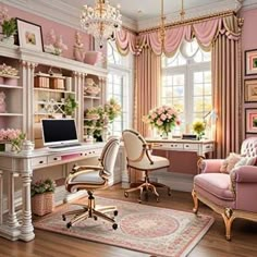 a room with pink walls, white furniture and chandelier hanging from the ceiling