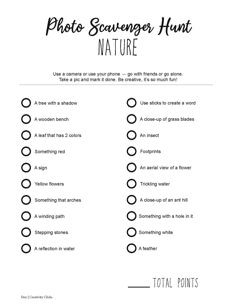 a printable photo scavenger hunt with the words'nature'in black and white