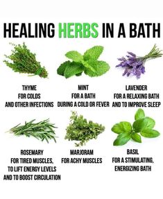 the health benefits of herbs in a bath are shown with their names and description on it