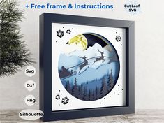 a christmas scene with santa flying through the sky and reindeers on his sleigh