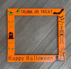 Our carefully crafted wooden Halloween Scene photo frame prop is the perfect showcase for your little ghosts and goblins.  It's a spooky surprise addition to your Halloween party or gathering.  Fit at least 3 people in this frame.  You have the option of purchasing handles that attach on the back side so you just see happy smiling faces :) peering through!  This frame is NOT a rolled up poster you have to glue to foam board, it is NOT a foam board with a bunch of cutouts stuck to it and it is NOT a digital file you need to take to the print shop to print and then mount on a foam boardIt is REAL WOOD, REAL SATIN LATEX PAINT with HAND STENCILED letters and designs. Any of the designs shown in the picture are available for purchase, please leave a note to seller with your design/wording choic Picture Frame Prop, Photo Booth Halloween, Actividades Halloween, Halloween Photobooth, Halloween Picture Frames, Photobooth Frame, Graduation Photo Frame, Photo Boots, Halloween Party Photo