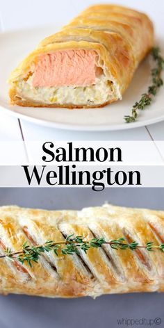 salmon wellington on a white plate next to a pastry with the words salmon wellington written in black