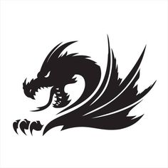 a black and white silhouette of a dragon's head with its tail curled up