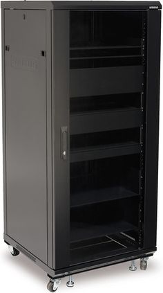 an empty black storage cabinet on wheels