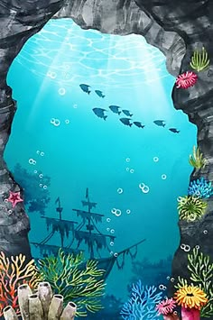 an underwater scene with fish and corals