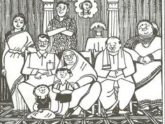 an old black and white drawing of people sitting on a couch with one child in front of them