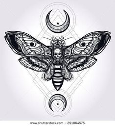 a moth with the moon and stars on it's wings in black and white