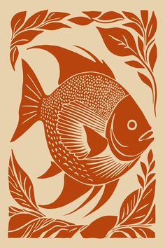 an orange fish with leaves around it on a beige background in the shape of a square