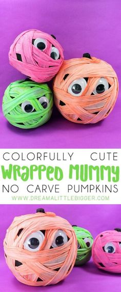 colorfully cute wrapped mummy no carve pumpkins with eyes on purple background