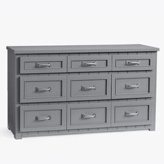 a gray dresser with many drawers and handles on it's sides, in front of a white background