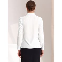 This blouse is both elegant and versatile, making it the perfect addition to your wardrobe. The pleated mock neck adds a touch of sophistication, while the pearl decor design adds a subtle yet stylish element. You can wear it on a variety of occasions, including casual outings, dates, office meetings, formal events, and daily wear. Pair it with pants or skirts for a chic and effortless look that is both comfortable and stylish. This blouse is sure to become a go-to piece in your collection. Elegant Spring Tops With Band Neck, Chic Band Neckline Tops For Work, Elegant Blouse With Band Neckline For Work, Chic Tops With Band Neckline For Workwear, Chic Workwear Tops With Band Neckline, Classic Stand Collar Tops For Work, Classic Stand Collar Top For Work, Elegant Band Neckline Tops For Workwear, Elegant Blouse With Band Neckline For Spring