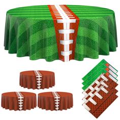 an image of a football themed table cloths and placemats set up for a party