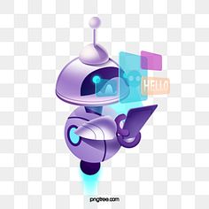 an image of a purple robot holding a tablet computer with the word hello on it