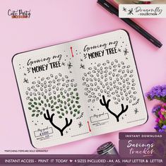 a notebook with the words money tree on it next to some flowers and pencils