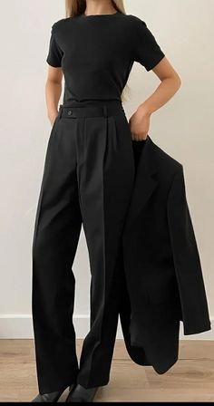 Professional Outfits Women Engineer, Lesbian All Black Formal Outfit, Professional Outfits Nonbinary, Vintage Lesbian Outfit, Tomboy Black Tie Attire, Work Outfits Women Stem, Androgynous Jumpsuit Formal, Dressy Masc Outfits For Women, Masc Fem Wedding Outfit