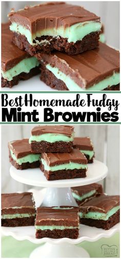 the best homemade fudge mint brownies recipe is made with chocolate and mint green frosting