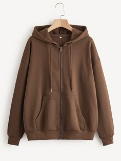 Solid Drawstring Zip Up Drop Shoulder Hoodie | SHEIN USA Oversize Coat, Harajuku Streetwear, Streetwear Tops, Oversized Coat, Hoodies For Sale, Brown Fashion, Gotham