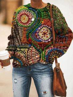 Material: Cotton Blend Pattern Type: Print/Letter Sleeve Type: Long sleeve Style: Embroidery Knots, Flower Art Print, Form Crochet, Color Sweater, Funky Fashion, Flower Prints Art, Recycle Clothes, Flower Art Painting, Art Color