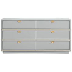 a grey dresser with gold handles and drawers on the bottom, in front of a white background